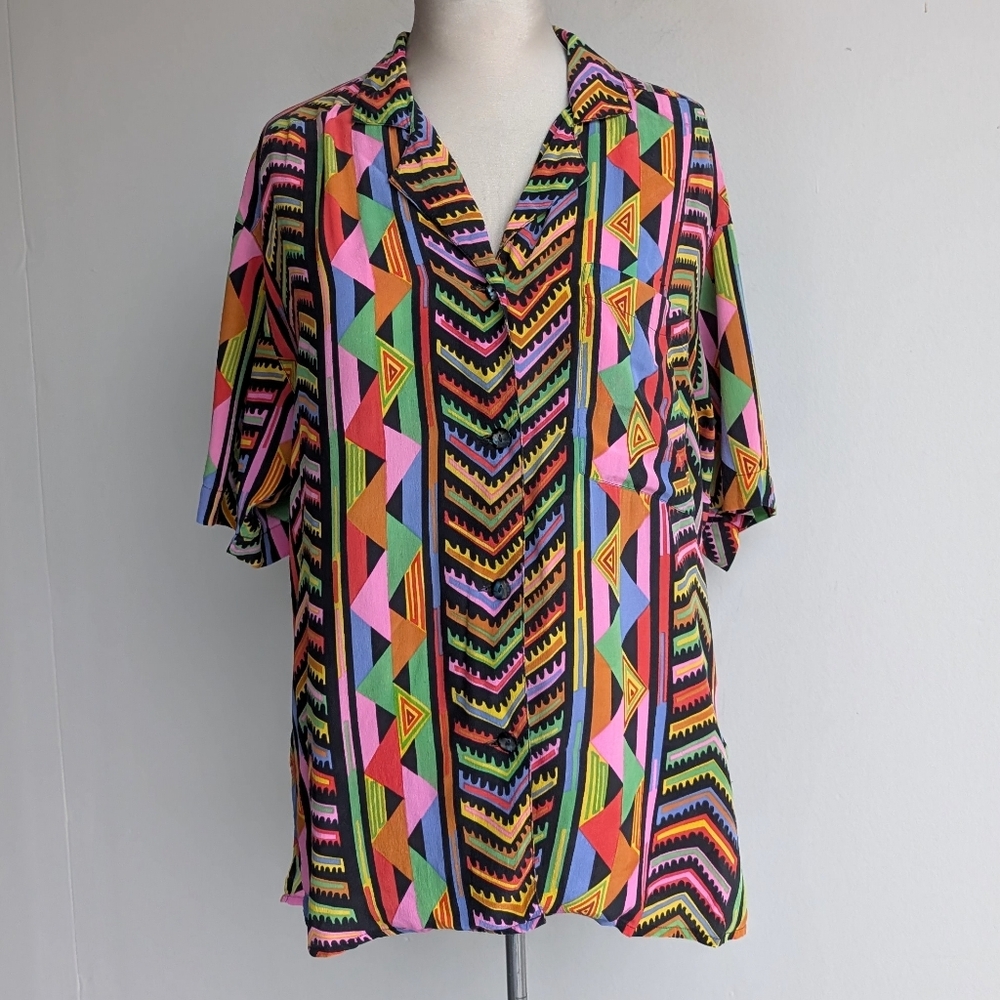 Vintage 100% Silk Retro Rainbow Button Down Shirt